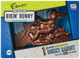 solid chocolate biker bunny on a motorbike, boxed