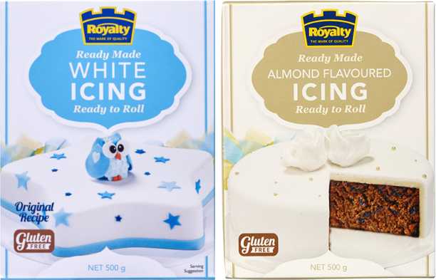 box of royalty white icing (blue label) and almond icing (gold label).