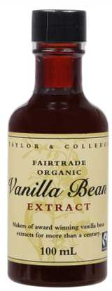 dark brown bottle of vanilla with pale yellowy-beige label