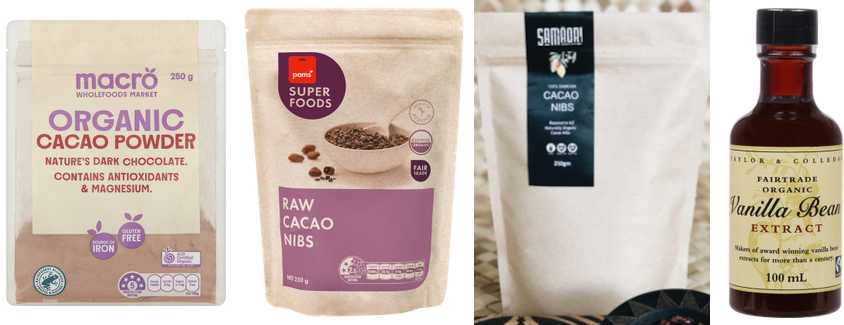 Cacao nibs from Countdown Macro, Pams superfoods and Samaori + Taylor and Colledge vanilla