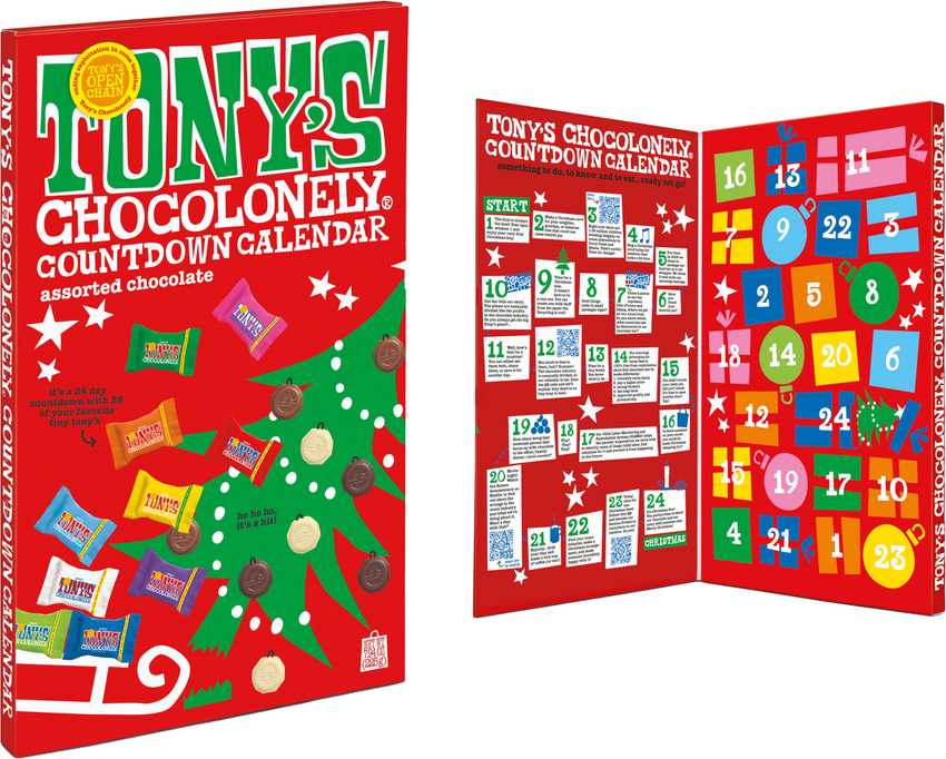 Red Tonys Chocolonely Advent calendar, closed and open