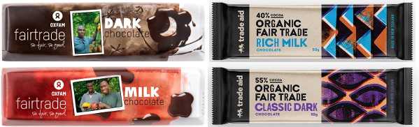 milk and dark 50g chocolate bars from Oxfam and Trade Aid.