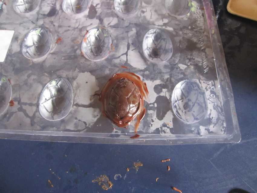 cold mould tray with single complete egg and chocolate smeared around it