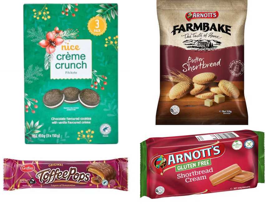 a selection of Griffins chocolate biscuits, Nice creme crunch biscuits  and Arnotts sweet biscuits