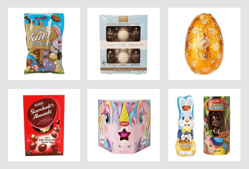 Waikato Valley chocolates - including a bag of mini eggs, a box of luxury eggs, hollow eggs, and Easter bunnies