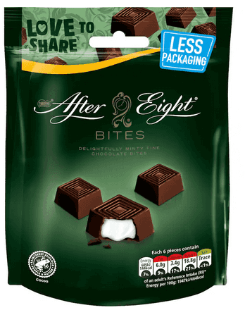 A green bag with the After Eight logo across the top and pictures of square small chocolates with white filling oozing out