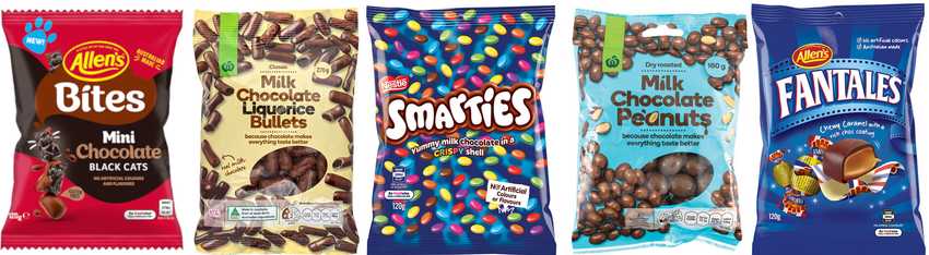 packets of Allens bites, Fantales, Smarties and Countdown own brand chocolate sweets