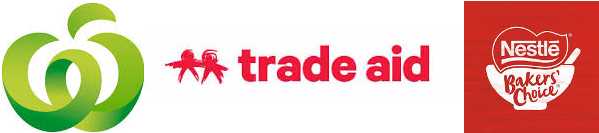 Countdown, Trade Aid and Nestle Baker's Choice logos