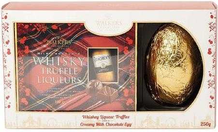 Red box of liqueur truffles with large gold egg