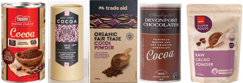 packets of all five cocoa brands mentioned below