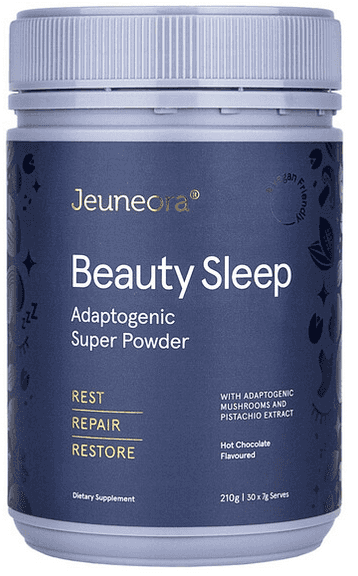 Blue jar with gold Jeuneora logo and "Beauty Sleep Adaptogenic Super Powder" in white lettering