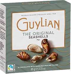 box of Guylian chocolates.  The box is grey-green with pictures of the chocolates and the Guylian logo on the front.