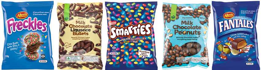 packets of Freckles, Fantales, Smarties and Countdown own brand chocolate sweets