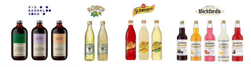 Various bottles of cordial by Six Barrel Soda Company,  Rose's, Schweppes, and Bickford's