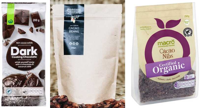 Woolworths own brand baking chocolate, cacao beans from Samāori and cacao nibs from Woolworths macro