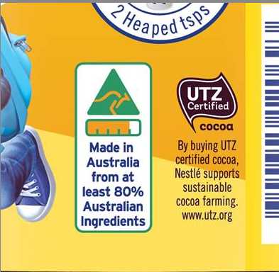 Nesquik package with made in Australia from at least 80% Australian ingredients