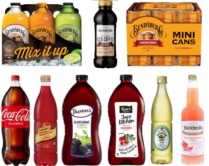 display of Bundaberg, Bickfords, Thextons, Roses, Coke, Schweppes and Keri products