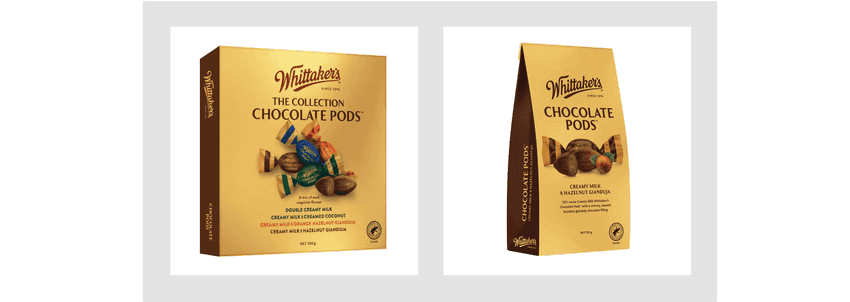 Two packs of Whittaker’s Chocolate Pods: one mixed‑flavour ‘The Collection’ assortment with individually wrapped pods, and one Creamy Milk & Hazelnut Gianduja pack showing unwrapped chocolate pods beside a hazelnut.