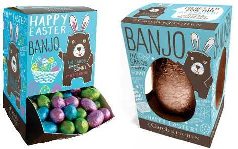 Banjo eggs in blue packaging with brown bear with pink ears