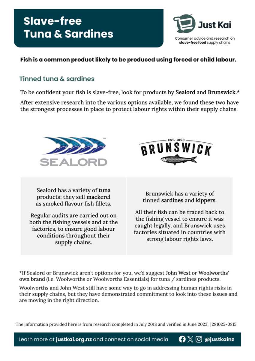 Summary graphic: tuna and mackerel from Sealord and sardines from Brunswick are slave free
