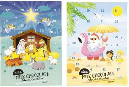 two cartoony calendars with the Nice Milk Chocolate logo prominent across the bottom
