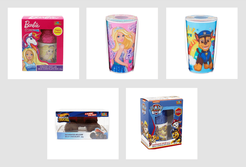 Barbie, Paw Patrol, and Hot Wheels Easter chocolate products