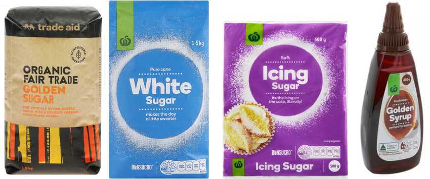 Packets of Trade Aid and  Woolworths sugar and golden syrup