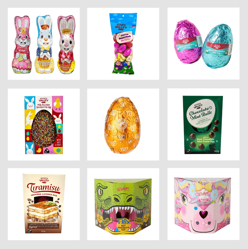 Grid of nine Waikato Valley Easter chocolates, including foil‑wrapped bunnies, an Easter hunt pack of mini eggs, large foil eggs, a speckled flat egg, a gold egg, mint chocolate balls, a tiramisu‑inspired layered egg, and themed T‑Rex and unicorn milk chocolate eggs.