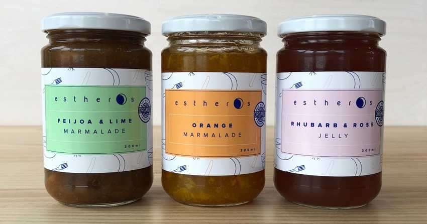 three jars of Esthers jam: feijoa & lime marmalade, orange marmalade and rhubarb & rose jelly