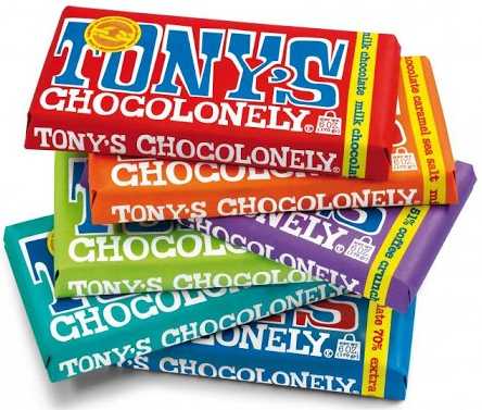 6 colourful blocks of Tonys Chocolonely chocolate