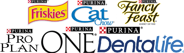 Logos of Friskies, Cat Chow, Fancy Feast, Purina Proplan, Purina One, Purina Dentalife