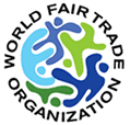 Logo: World Fairtrade Organisation in black block letters around five figures (in various shades of blue and green) coming together to form a circle.