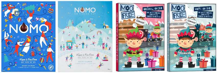two calendars from NOMO with wintery themes; two calendars from Moo Free set in a wintery elves workshop