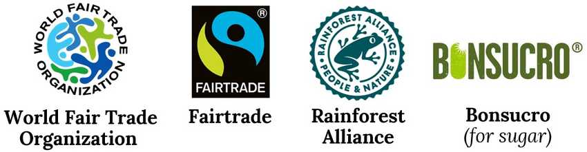 logos of WFTO, Fairtrade, Rainforest Alliance and Bonsucro