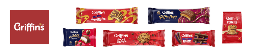 Griffin's logo alongside biscuit packets of Squiggles, ToffeePops, MallowPuffs, Chockie Chippies, Chocolate Fingers, and Cookies
