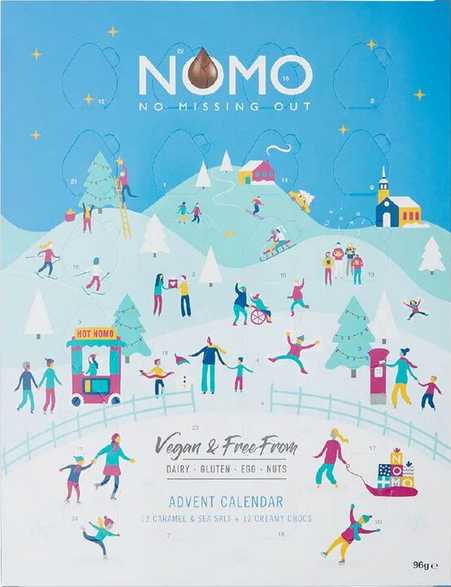 NOMO calendar - mostly blue/green/white scene of people with mixed abilities playing on a snowy mountain