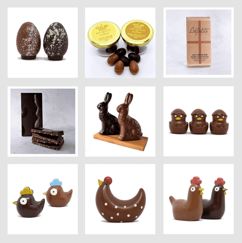 La Petite chocolates including eggs, chocolate bars, bunnies, chicks, and hens