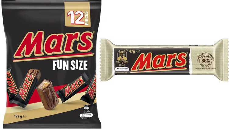 fun size bag of 12 mini mars bars and a 47g mars bar