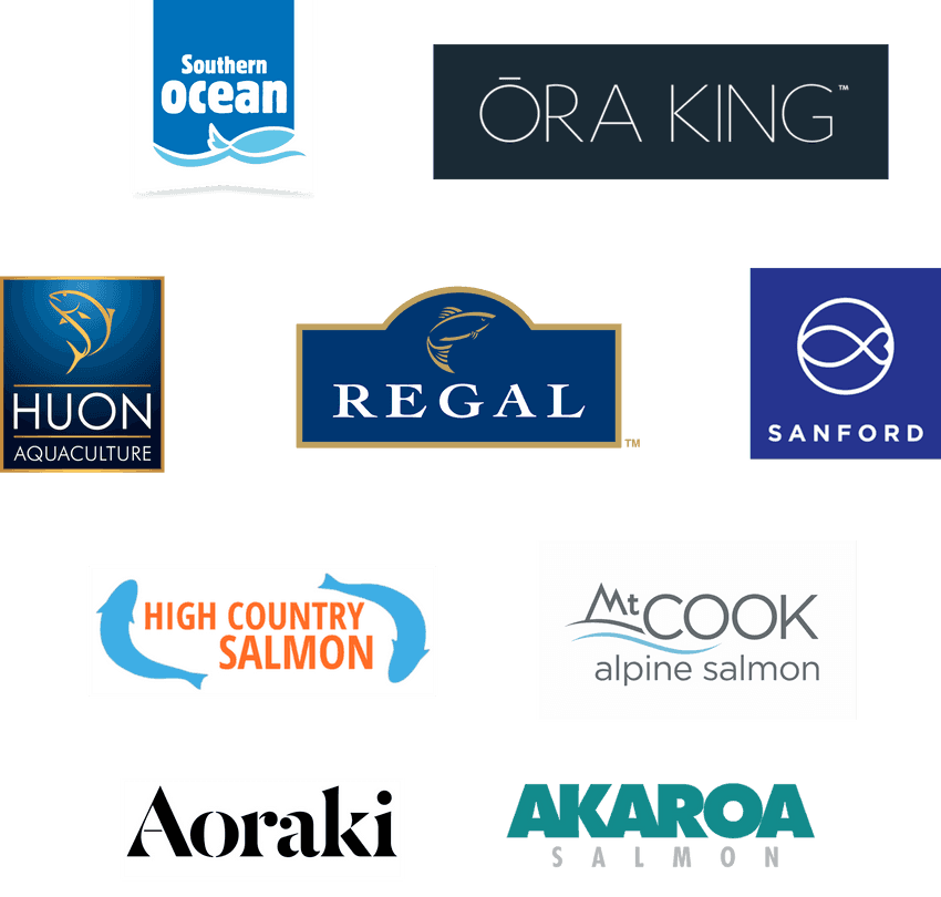 Logos for Southern Ocean, Ora King, Huon, Regal, Sanford, High Country Salmon, Mt Cook Alpine Salmon, Aoraki, and Akaroa Salmon