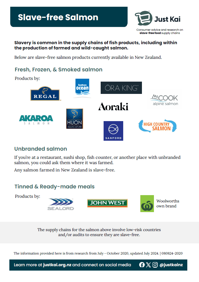 summary graphic of buying advice.  For people recommends John West, Sealord, Select, Sanford, Mt. Cook, Aoraki and the NZ King salmon brands; for petfood recommends the Nestle Purina brands, Omega Plus and Applaws.