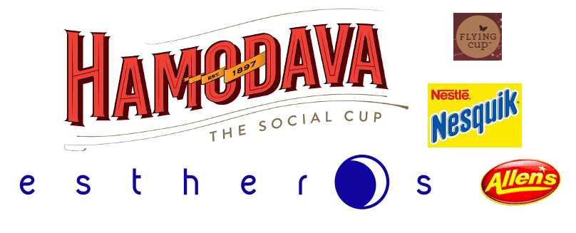 logos of Hamodava, Esthers, flying cup, Nesquick and Allens