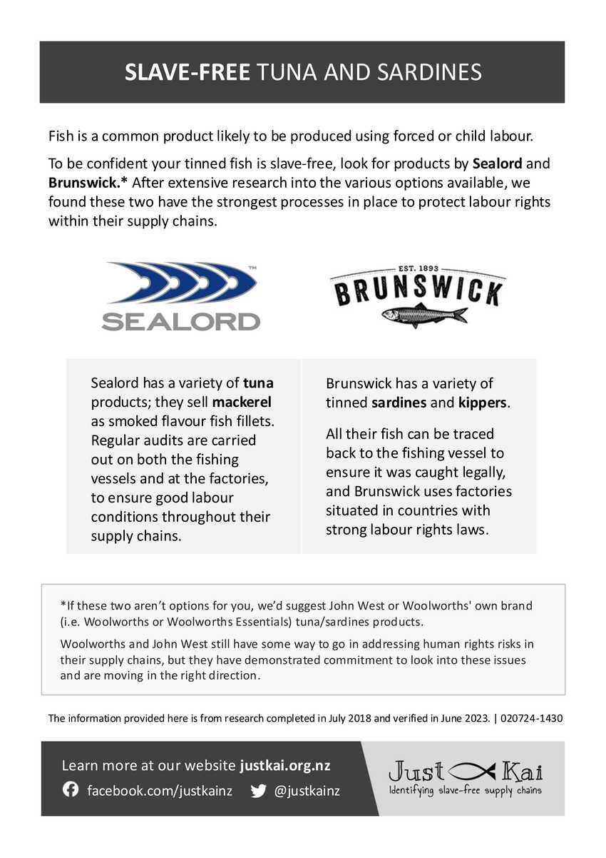 Summary graphic: tuna and mackerel from Sealord and sardines from Brunswick are slave free