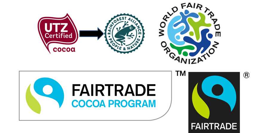 certification marks for UTZ, the new Rainforest Alliance, WFTO, Fairtrade and the Fairtrade cocoa programme