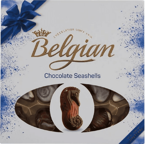 Blue and white box with "Belgian" in gold with a crown over the B and pictures of seashell chocolates