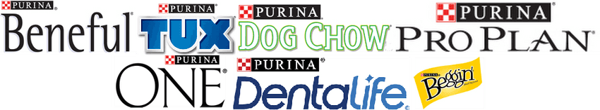 Logos of Beneful, Tux, Dog Chow, ProPlan, Purina One, Purina Dentalife and Beggin