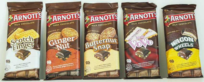 the five flavours of Arnott's blocks described below.  They come in dark brown 170g packets with the UTZ logo on the front