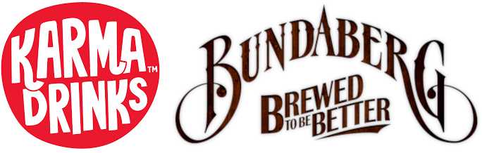 Karma drinks logo (white words on a red circle) and Bundaberg logo (Bundaberg Brewed to be Better in a half circle)