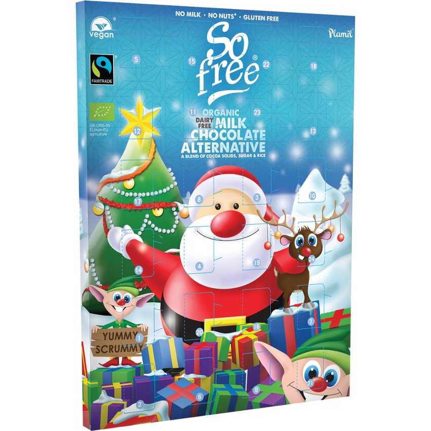 pale blue Santa Advent calendar with Fairtrade logo in top left corner