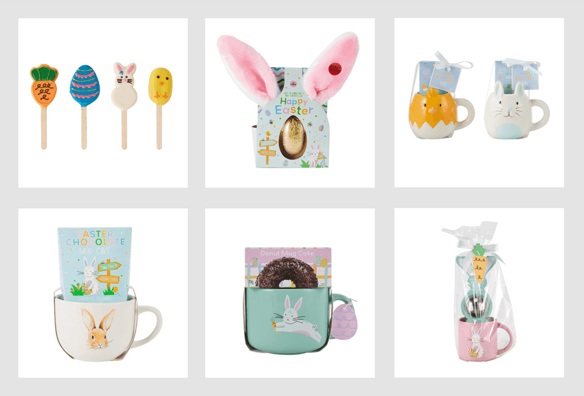 Cookie pops, Easter egg with bunny ears, and Easter mugs with cake kits or cocoa bomb