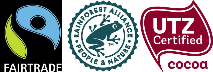 Three adjacent logos: Fairtrade, Rainforest Alliance and UTZ.